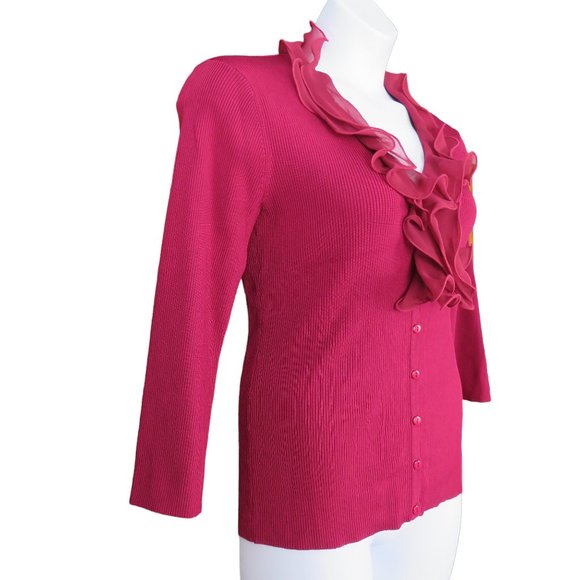 Adrienne Vittadini Magenta Pink Ribbed Ruffle Collar Sweater Size L NWOT - Picture 3 of 9